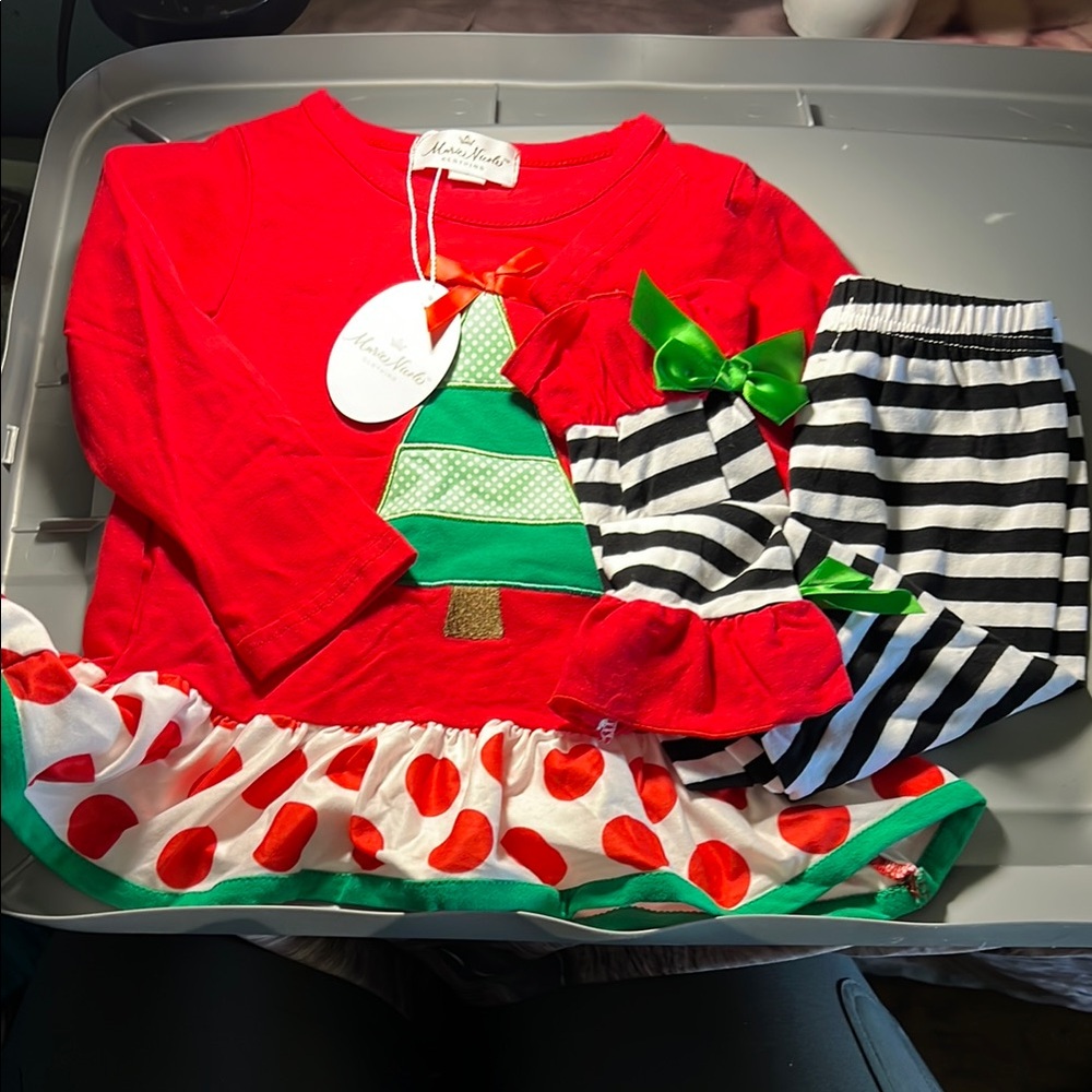 Red Christmas Tree Outfit with Striped Leggings